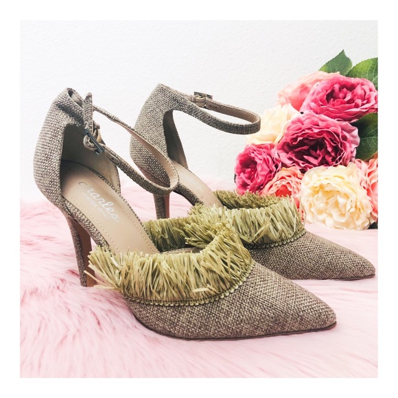 Shoes - Charles David Taupe Tweed Rafia Ankle Strap Heel 6